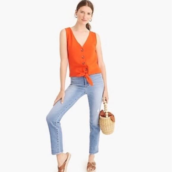 J. Crew Tie-front Button Down Textured Tank Top Bright Orange Sz L Preppy Summer - Picture 2 of 15